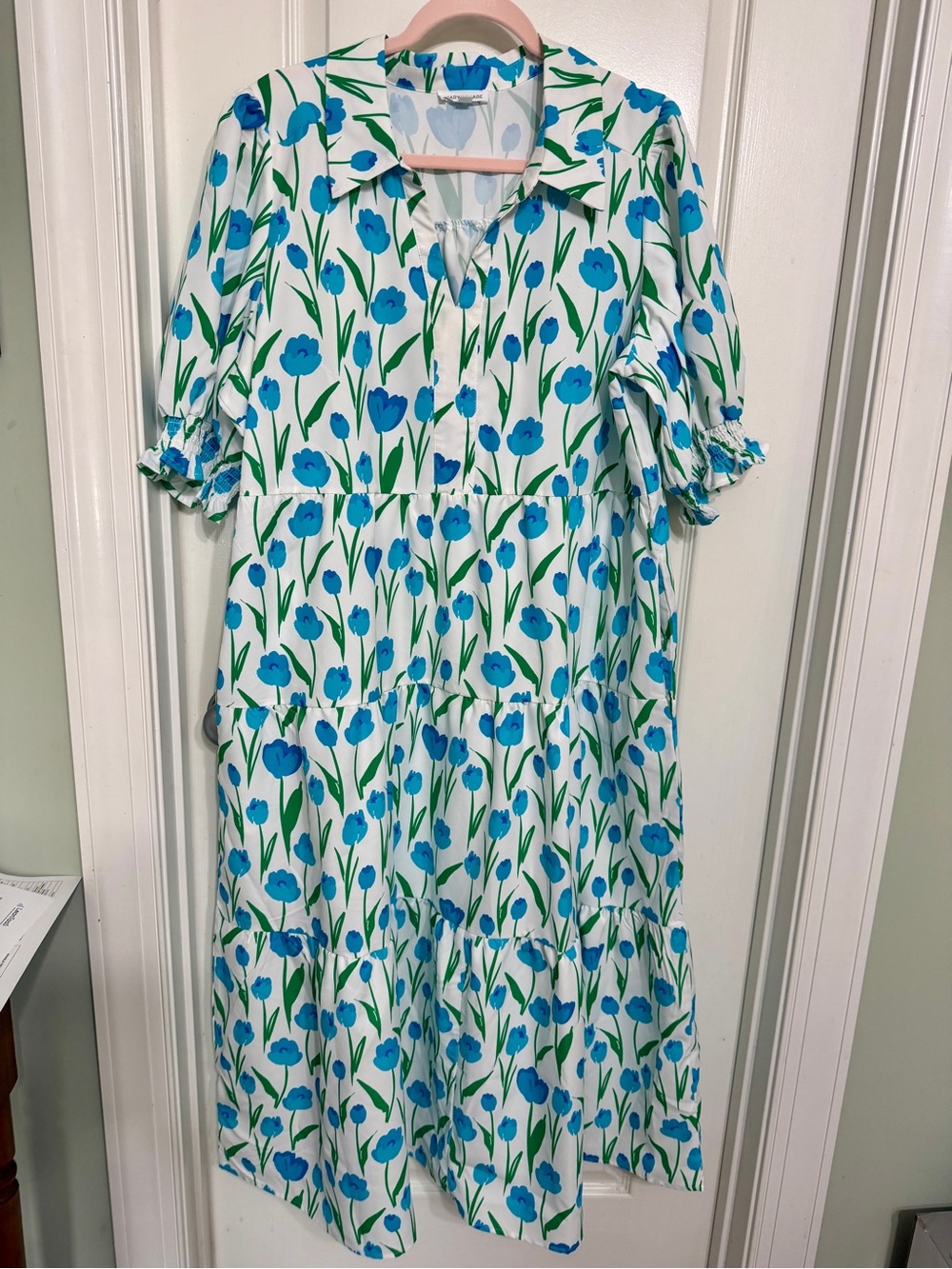 Blue Floral Tiered Midi Dress with Puff Sleeves